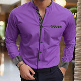 Wiaofellas  -  Men's Mandarin Collar Long Sleeve Shirt Slim Fit Casual Business Shirt With Striped Cuffs and Pocket Detail