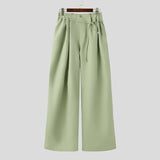 Wiaofellas  -  Men Pants Solid Color Pleated Joggers Lace Up Casual Wide Leg Trousers Men Streetwear Loose Fashion Casual Long Pants