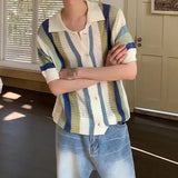 Wiaofellas  -  Leisure Breathable Hollow Out Shirt for Men Summer Beach Casual Short Sleeve Knitted Shirts Mens Fashion Striped Knitting Tops
