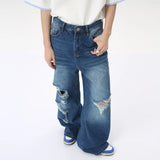 Wiaofellas  -  Personality Male Straight Jeans Hole Worn-out Loose Wide Leg Denim Pants Washed Casual Men's Trousers New Summer