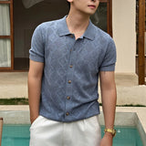 Wiaofellas  -  Old Money Mens Jacquard Shirts Stylish Turn Down Collar Short Sleeve Polo Shirts Summer Slim Breathable Button Men Tops
