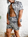 Wiaofellas  -  Fashion Leopard Print Two Piece Set Men Beach Style Sexy Buttoned Lapel Shirt And Shorts Outfit Suits Casual Loose Mens Clothes