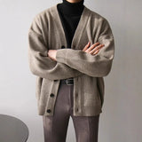 Wiaofellas  -  Men V Neck Knit Cardigan Loose Long Sleeve Casual Sweater Coat Fashion Daily Outerwear
