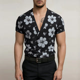 WIAOFELLAS  -  Men T Shirt Flower Printing V Neck Short Sleeve Summer Male Tee Tops Streetwear 2025 Fashion Casual Men Clothing S-5XL