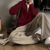 Wiaofellas  -  Men Sweater Solid Color Zipper Long Sleeve Knitted Male Pullovers Streetwear Korean Style Fashion Casual Men Clothing