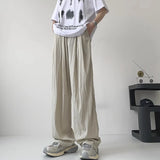 Wiaofellas  -  Vintage Solid Color Pleated Ice Silk Pants Men Summer New Casual Loose Drawstring Wide Leg Trousers Mens Streetwear Pants