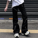 WIAOFELLAS  -  American High Street Style Zipper Design Jeans For Men 2025 Spring And Autumn New Fashion Trend Dark Style Flared Wide-Leg Pants