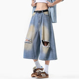 WIAOFELLAS  -  Summer Men's Jeans Contrast Color New Hole Dirty Dying New Washing Worn-out Wide Leg Loose Male Denim Shorts Tide