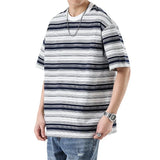 Wiaofellas  -  Summer short sleeve new Japanese round neck casual double yarn striped short sleeve men loose T-shirt