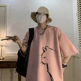 WIAOFELLAS  -  Men Short Sleeved T-shirt Suede Velvet Summer Cartoon Print Tops Loose Fitting Quarter Sleeves Leisure Time Cat Printing Hatless