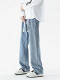 WIAOFELLAS  -  Light Blue Men's Jeans Straight Leg Casual Pants Thin Summer Loose Fit Dstring High Waist Denim Cotton Polyester Blend