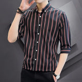 Wiaofellas Men's Shirt Striped Shirt 5 Minute Sleeve Men's Shirt Fashion Korean Style Slim Top Men's