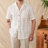 WIAOFELLAS  -  Mens Shirt Hollow Breathable Casual Vacation Shirt Summer Fashion Plain Thin Beach Short-Sleeved Top Men'S Clothing 2025 New