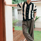 Wiaofellas  -  Old Money Style Lapel Knitted T-shirts Mens Fashionable Striped Contrast Color Short Sleeve Knit Cardigan Summer Shirt Tops