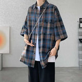 WIAOFELLAS  -  Trendy Vintage Men's Plaid Short Sleeved Casual Trousers Fashion Summer Single-breasted Turn-down Collar Shirts Male