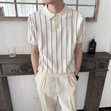 WIAOFELLAS  -  Summer New Men's Striped Knitted Short-Sleeved T-Shirt Retro Fashion Trend Casual Simple Loose Breathable Business Men's Tops