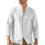 Wiaofellas  -  Spring and Autumn New Style Shirt Long Sleeve Men's Casual Retro Lapel French Henry Collar Single Breasted T-shirt