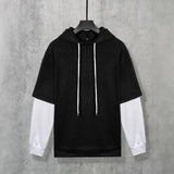WIAOFELLAS  -  Men Fake Two Piece Hooded Sweatshirt Color Block Patchwork Trendy Top Autumn Winter Loose Fleece Lined Pullover Hoodie