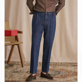 WIAOFELLAS  -  Vintage Cotton Men Jeans Suit Pants Elastic High Waisted Straight Trousers British Business Style  Casual Naples Denim Pant