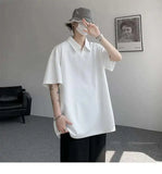 WIAOFELLAS  -  Trendy Summer Men‘s Solid Color Ice Silk Casual T-shirts New Fashion Turn Down Collar Short Sleeve Loose Tops Male