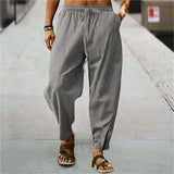 Wiaofellas  -  Fashion Solid Color Drawstring Sweatpants Summer Men Pockets Long Pants Men's Loose Casual Feet Buckle Button Slit Trousers