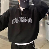 WIAOFELLAS  -  Men Trend American Vintage Letter Print Polo Collar Half Zipper Sweatshirt Casual Streetwear Y2K Long Sleeve Loose Pullover Tops