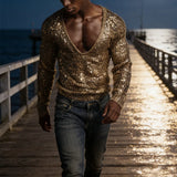 Wiaofellas  -  Sexy Deep V Neck Sequin T Shirts Mens Long Sleeve Solid Color Glitter Tee Shirt Spring Autumn Men Party Fashion Shiny Tops