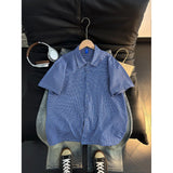 Wiaofellas  -  Summer Blue Plaid Short Sleeve Casual Shirt Men's Street Style Lazy Cool American Drawstring Half Sleeve Top Loose Fit Youth