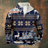 WIAOFELLAS  -  Men's Christmas Sweatshirt Elk Print Sweatshirts Patchwork Long Sleeve Stand Collar Zipper Casual Pullovers