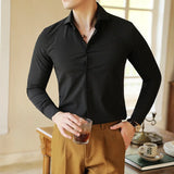 WIAOFELLAS  -  Plus Size Long Sleeve V-Neck Solid Shirts for Men Autumn Spring Slim Fit Business Formal Mens Shirt Fashion Trendy Mens Clothing