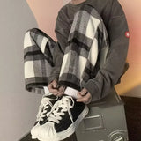 WIAOFELLAS  -  Men Women Woolen Straight Leg Casual Pants Autumn Winter Plaid Wide Leg Trousers High Street Brand Fashionable Trousers