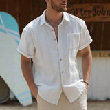 Wiaofellas  -  Men's White Textured Short Sleeve Shirt Summer Breathable Loose Fit Casual Streetwear Top Youth Lightweight Shirts