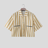 Wiaofellas  -  Men's Shirt Striped Lapel Short Sleeve Button Casual Menswear Clothing Streetwear Loose Fashion Crop Tops For Man