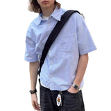 Wiaofellas  -  Loose Casual Blue Striped Short Sleeve Men's Shirt Youth Trendy Brand Breathable Machine Washable Polyester Spring Summer Top