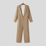 Wiaofellas  -  Men Jumpsuits Solid Color V Neck Long Sleeve Button Casual Male Rompers Streetwear Backless Hollow Out Fashion Overalls
