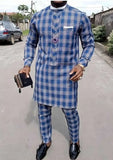 WIAOFELLAS  -  Four Seasons Hot Selling Men's 2 Piece Sets Afirican Syle Ethinic Casual Blue Plaid Clothes and Pants Button Muslim Men Clothing