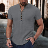 Wiaofellas  -  Men's Short Sleeve Linen Shirt Summer Lightweight Casual V-Neck T-Shirt Men Basic Solid Color Loose Fit Top