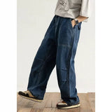 Wiaofellas  -  Large Size Men's Casual Wide Leg Jeans Loose Fit Workwear Trousers Washed Denim Straight Tube Zipper Fastening Non-Elastic
