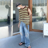 WIAOFELLAS  -  Summer New Men's Striped Sleeveless Knitted Vest American Retro Fashion Trendy Street Hip Hop Loose Casual Niche Men's Top