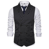 Wiaofellas  -  Black White Grey Vertrical Striped Vests Male Double Breasted Office Vest Coat Men Business Sleeveless Jacket Lapel Collar