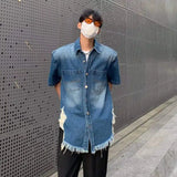 WIAOFELLAS  -  Vintage Men's Gradient Hole Burr Edge Denim Shirts Fashion Summer Short Sleeves Single-breasted Tops Male