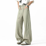 WIAOFELLAS  -  Belt Design Men's Suit Pants Solid Color Draping Ice Silk Deconstruction Straight Wide Leg Loose Male Bottom Summer