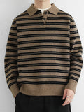 Wiaofellas  -  Autumn Retro Colorblock Striped Polo Collar Knitwear For Men Korean Fashion Long Sleeve Knitted Pullovers Fleece Y2K Sweaters