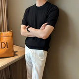 WIAOFELLAS  -  Men's Solid Color Knitted Hollow Short-Sleeved T-Shirt Fashionable Retro Casual Trend Loose Daily Breathable Summer Men's Tops