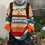 WIAOFELLAS  -  Men's Knitted Sweaters Retro Contrast Striped Round Neck Sweater Women Autumn Winter Long Sleeves Letter Pullover Tops