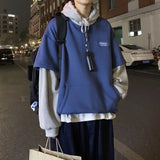 Wiaofellas  -  Loose Men's Hoodie Fake Two-Piece Sweatshirt Lazy Style Hong Kong Style Casual Long Sleeve Printed Polyester Fiber Spring Autumn