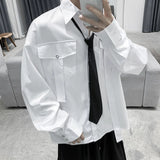 Wiaofellas Long Sleeve Shirts for Men Casual Lapel Webbing Design Simple Solid Trend Loose Tops Oversize Shirt Four Seasons Men's Clothes