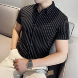 WIAOFELLAS  -  Summer Spring Short Sleeved Silky Shirt Men British Style Striped Printed Slim Mens Shirts Business Handsome Men's Casual Shirt