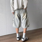 WIAOFELLAS  -  High Street Men's Jeans Big Multi-pockets Solid Color Wide Leg Worn-out Bottom Straight Washing Male Denim Shorts