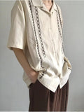 Wiaofellas  -  American Sle High Street Cuban V-Ne Embroidered Striped irt Men Women Summer INS Hong Kong Sle Hawaii ort Sve Top